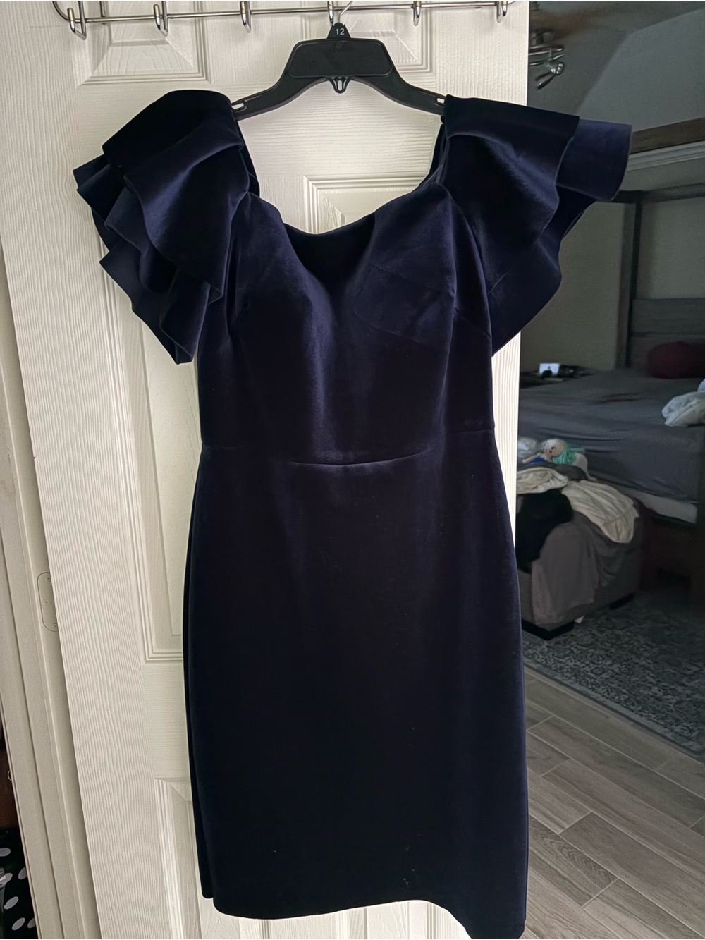 Eliza J Navy One-shoulder/off shoulder Velvet Dress with Ruffle Sleeve